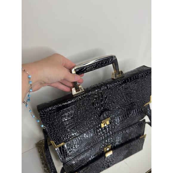Vintage Mido Korea Black Patent Leather Embossed Croc Texture Top Handle Shoulde - Picture 6 of 10